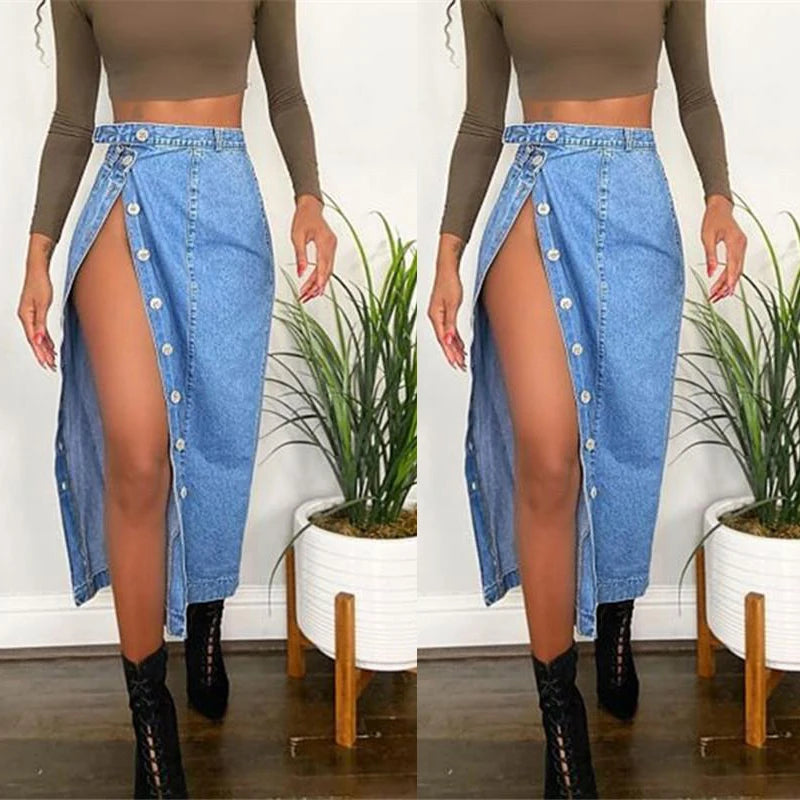 Casual Mid-Length Denim Skirt High Waist A-Line Skirt with Slit for Women Commute Pure Color Long Skirt with Button Detail GONZALES ONLINE SHOP