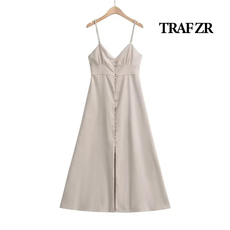 Sivatu Traf Linen Dress Women Strapless V Neck Solid High Quality Midi Vintage Chic and Elegant Y2k Sundress Women's Dresses GONZALES ONLINE SHOP