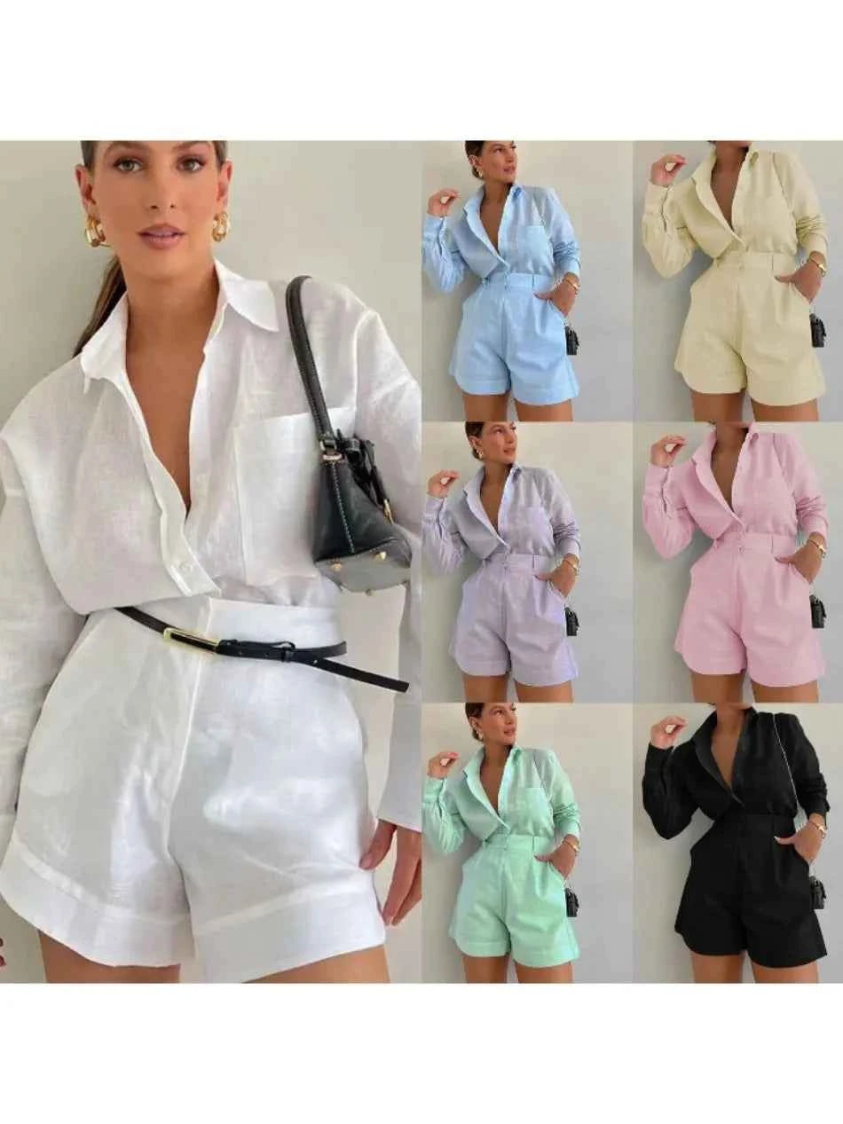 Women Long Sleeve 2 Pieces Sets Casual Simple Button Pockets Short Pant with Shirts Tops 2026 Summer Fashion Suit Female Outfits