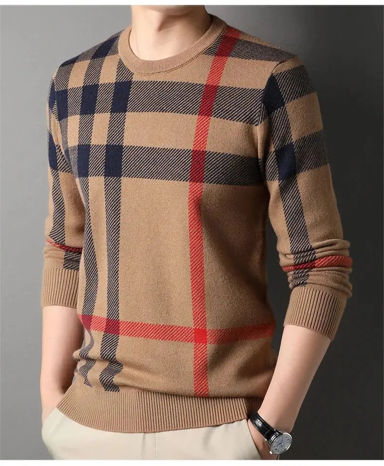 High Quality Luxury Men's Knitted Pullover Autumn Winter O-Neck Striped Wool Sweater British Casual Fashion Versatile Knitwear GONZALES ONLINE SHOP