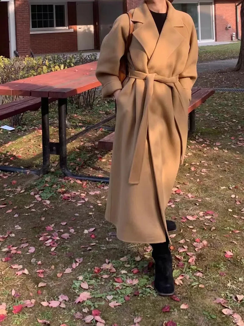 Women Elegant Long Woolen Coat with Belt Autumn Winter New Fashion Solid Lapel Long Sleeve Chic Outerwear Ladies Casual Overcoat GONZALES ONLINE SHOP