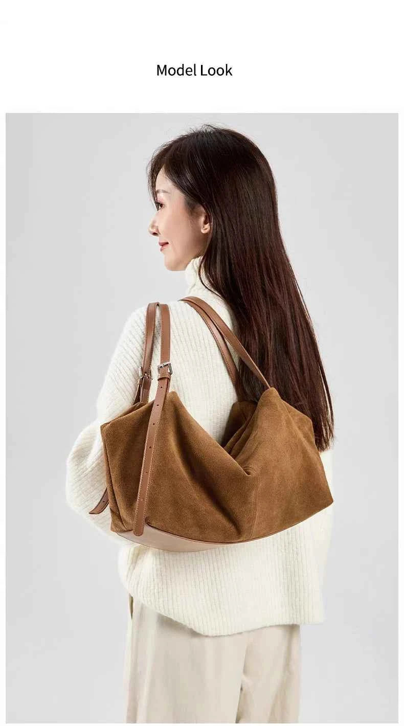 Women's Natural Nuede Genuine Leather Handbags Ladies large capacity Tote Bag Female Design Luxury Commuting Yoga Bag  hobo bag