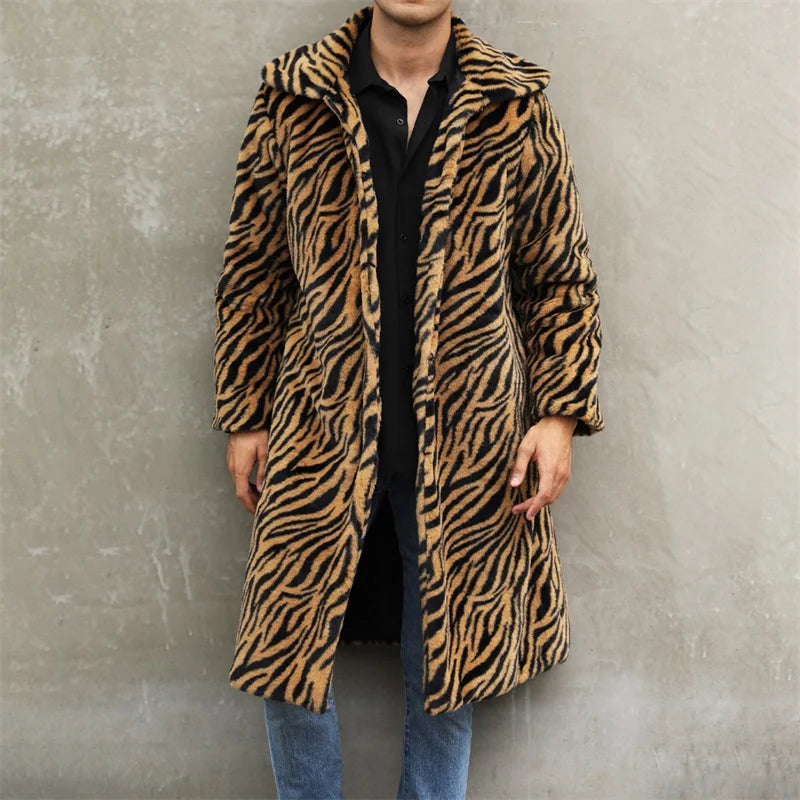 Men’s Faux Fur Coat Winter Warm Long Sleeve Leopard Zebra Print Long Jacket Open Front Overcoat GONZALES ONLINE SHOP