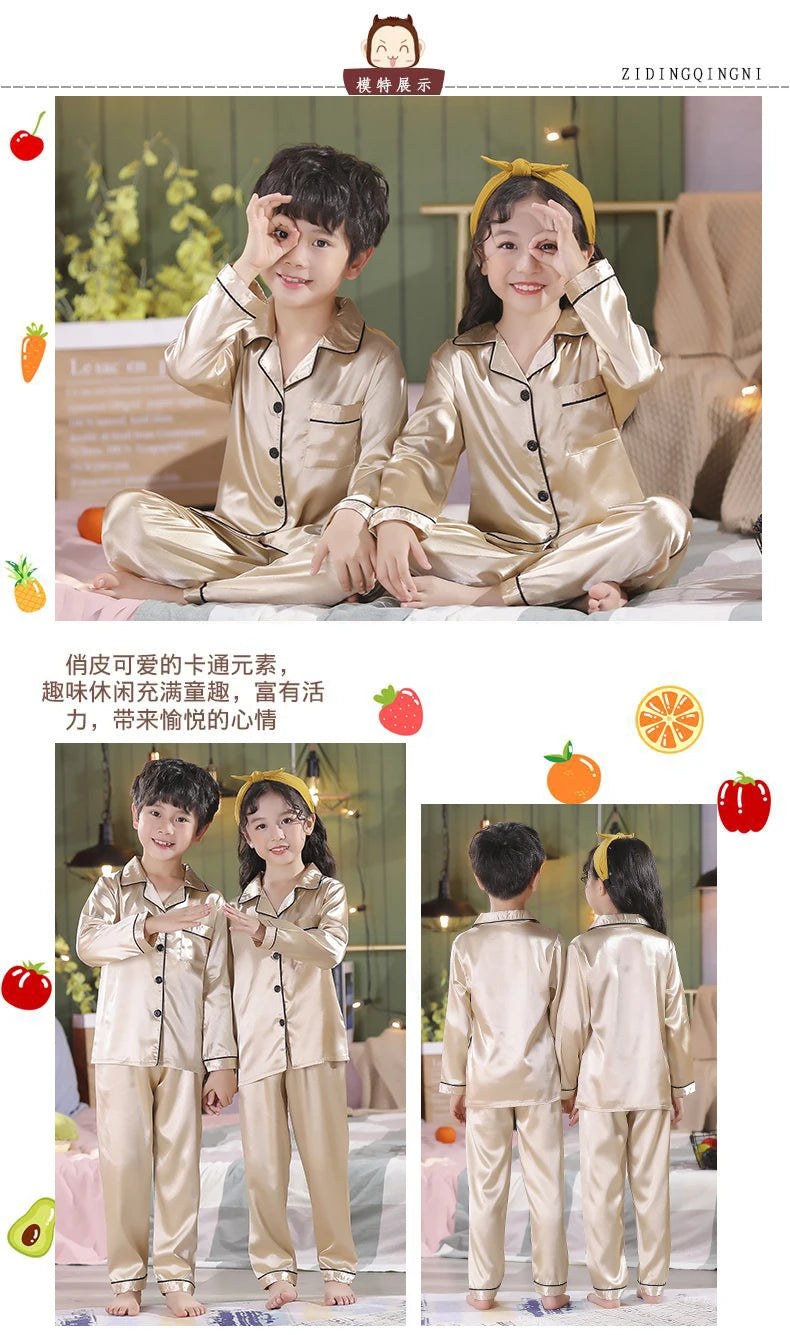 Children Silk Satin Pyjamas Set Baby Sleepwear Pijama Solid color Pajamas Suit Boys Girls Nightwear Autumn Kids Loungewear Pjs GONZALES ONLINE SHOP