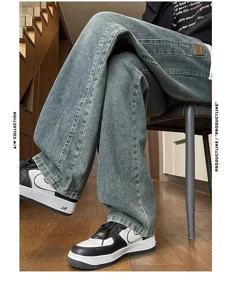 Men's Drawstring Waist Loose Straight Leg Jeans Summer Casual Wide Leg Denim Pants