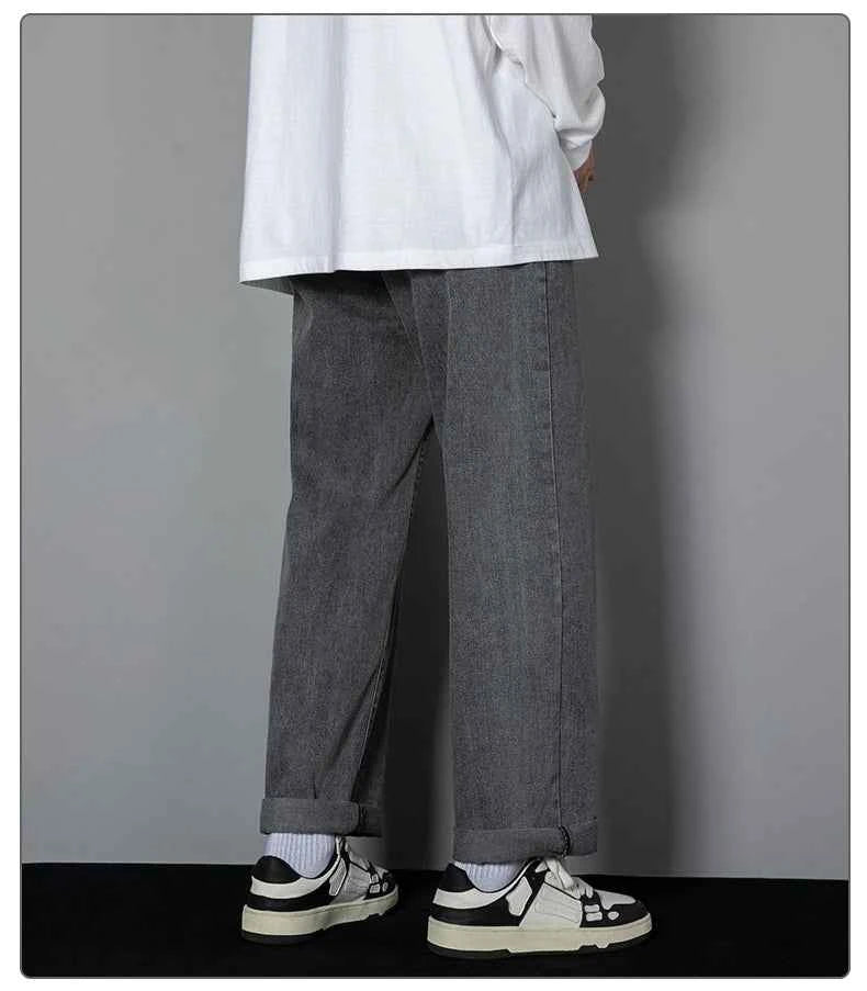 2026 New Korean Men's Casual Long Jeans Classic Man Straight Denim Wide-leg Pants Solid Color Light Blue Grey Black