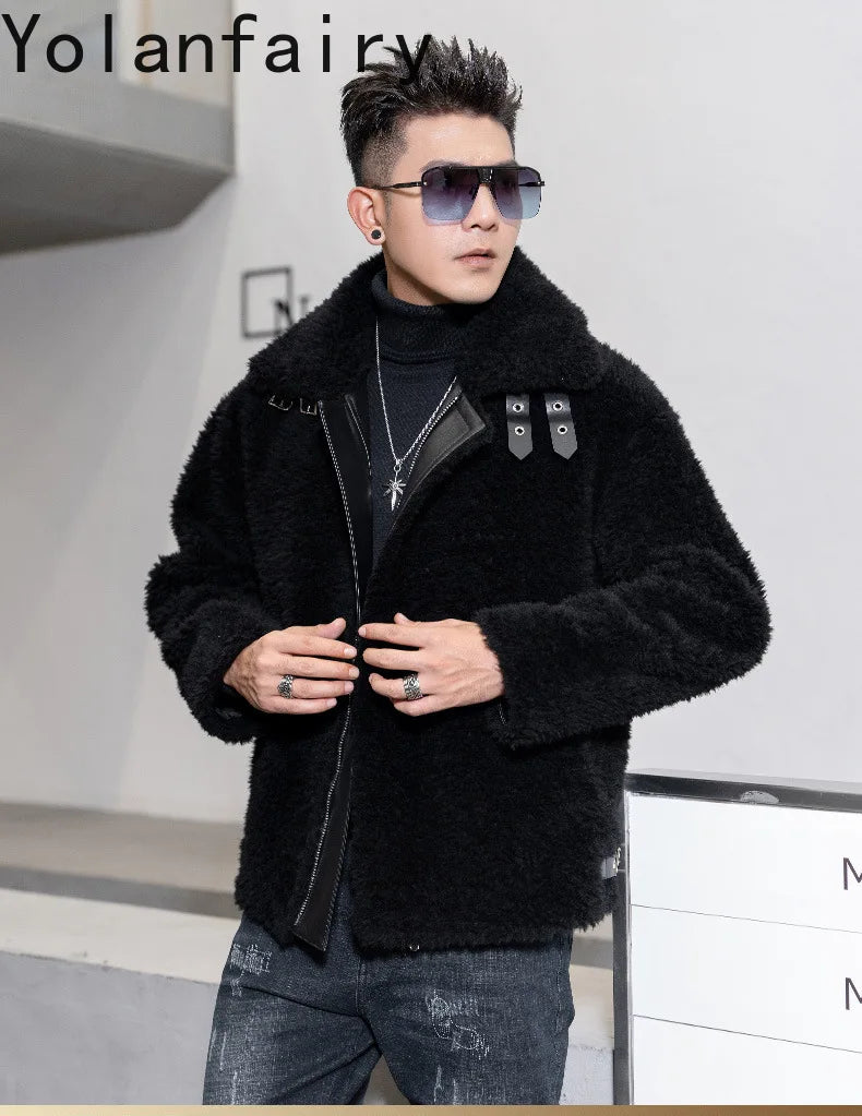 YOLANFAIRY Natural Wool Mens Real Fur Coat Winter Clothes Shearling Jackets for Men Cropped Leather Jacket Loose Fit Бомбер 2024 GONZALES ONLINE SHOP