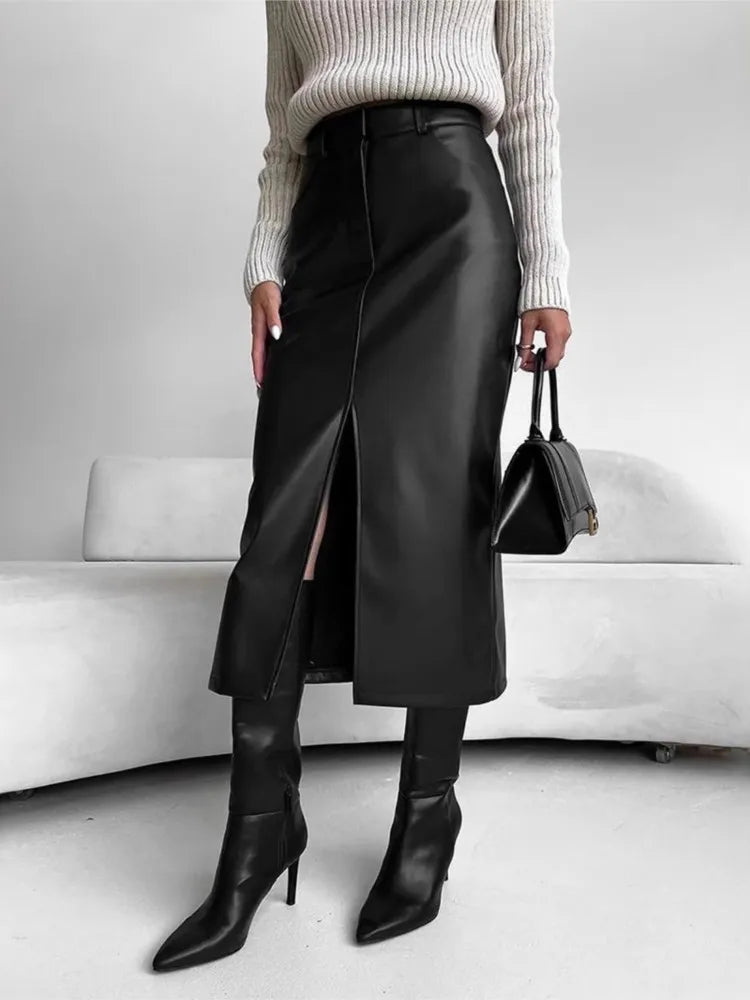 Leather Skirt High Waist Women Front Slit Spring Autumn Long Skirt High Waisted Office Lady Slim Skirts Elegant Ropa De Mujer GONZALES ONLINE SHOP