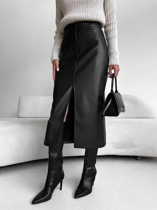 Leather Skirt High Waist Women Front Slit Spring Autumn Long Skirt High Waisted Office Lady Slim Skirts Elegant Ropa De Mujer GONZALES ONLINE SHOP