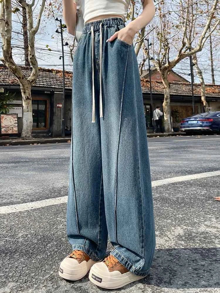 High Waist Slimming Drawstring Tie Elastic Waist Floor-Length Curved Sickle Pants 2026 Spring New Women's Trendy Wide Leg Jeans