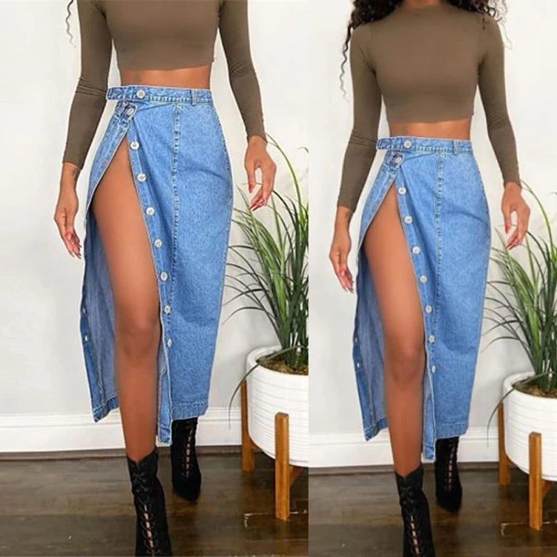 Casual Mid-Length Denim Skirt High Waist A-Line Skirt with Slit for Women Commute Pure Color Long Skirt with Button Detail GONZALES ONLINE SHOP