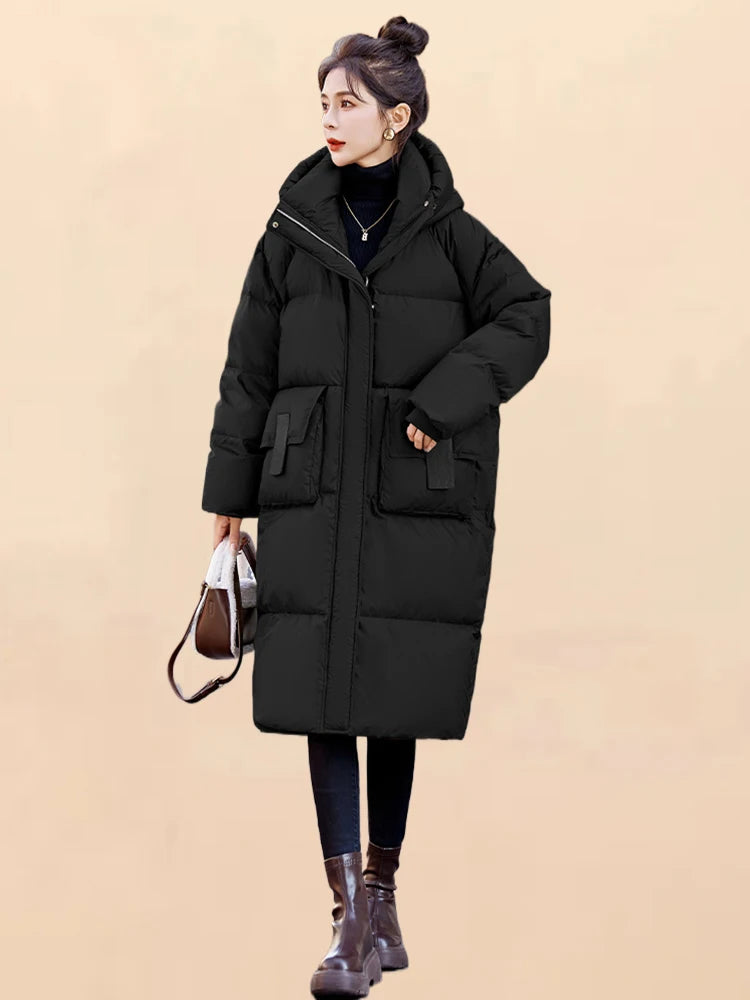 Women's Hooded Thickened Parker Coat Long Sleeve Jacket solid Down Cotton Padded Warm Windproof Winter New Elegant Chic Outwear GONZALES ONLINE SHOP