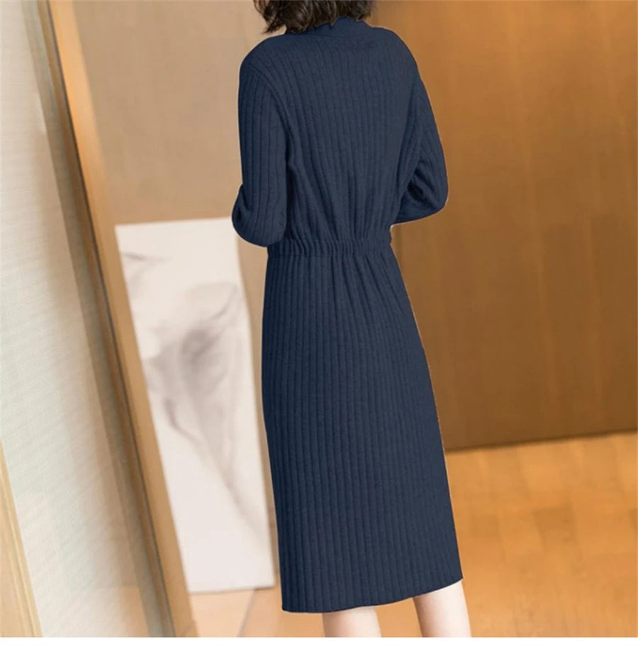 Elegant Knitted Sweater Dress Fashion Korean Long Sleeve Drawstring Waist Dresses Fall Vintage Women Mid-length Vestidos New GONZALES ONLINE SHOP