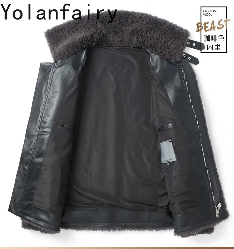 YOLANFAIRY Natural Wool Mens Real Fur Coat Winter Clothes Shearling Jackets for Men Cropped Leather Jacket Loose Fit Бомбер 2024 GONZALES ONLINE SHOP