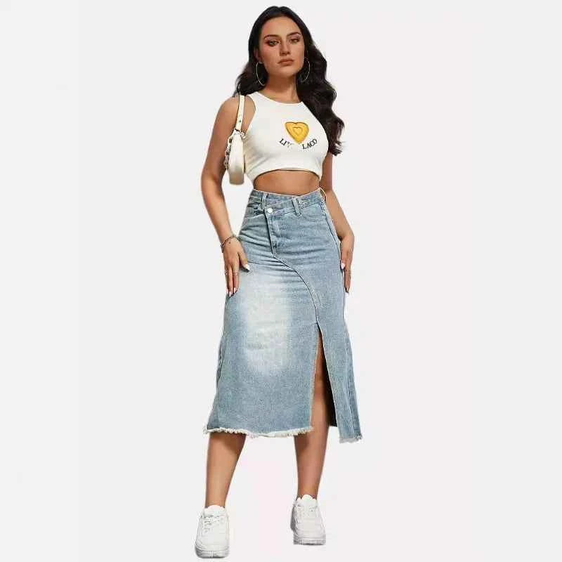 1pcs Vintage Denim Skirt for Women Fashion  A Line Skirt High Waist  Mid Length Denim Half Body Skirt