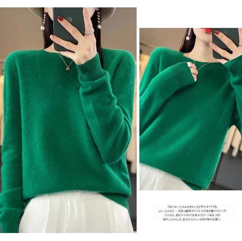 100% Merino Wool Sweater Women O-neck Cashmere Knitwear Female Pullover Autumn Winter Casual Tops Solid Color Soft  Clothing