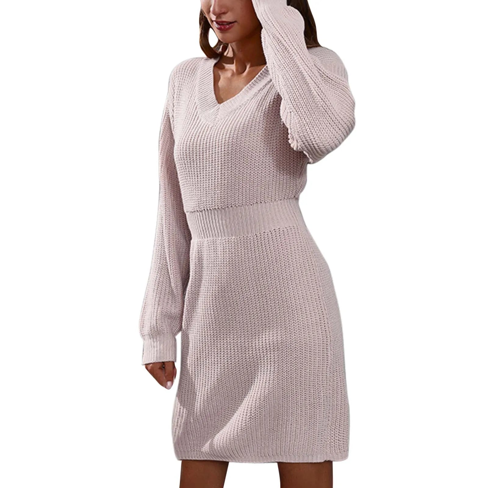 V-Neck Drop Shoulder Long-Sleeved Waisted Sweater Dress Feminine Temperament Knitted Dress Autumn and Winter New Dresses GONZALES ONLINE SHOP