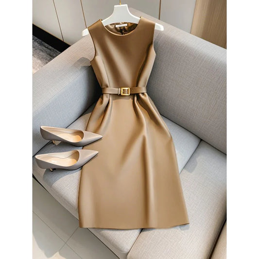 Elegant Women's Formal Dress With Belt Summer New Fashion Solid Color O-Neck Sleeveless High Waist OL Midi Party Vestidos 223P GONZALES ONLINE SHOP