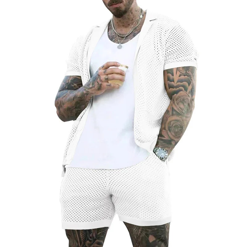 Summer New Men Shorts Mesh Hollow Out Knitted Casual Sports Lapel T-Shirt Short Sleeve Solid Beach Suit Men's 2 Pieces Set Suits GONZALES ONLINE SHOP