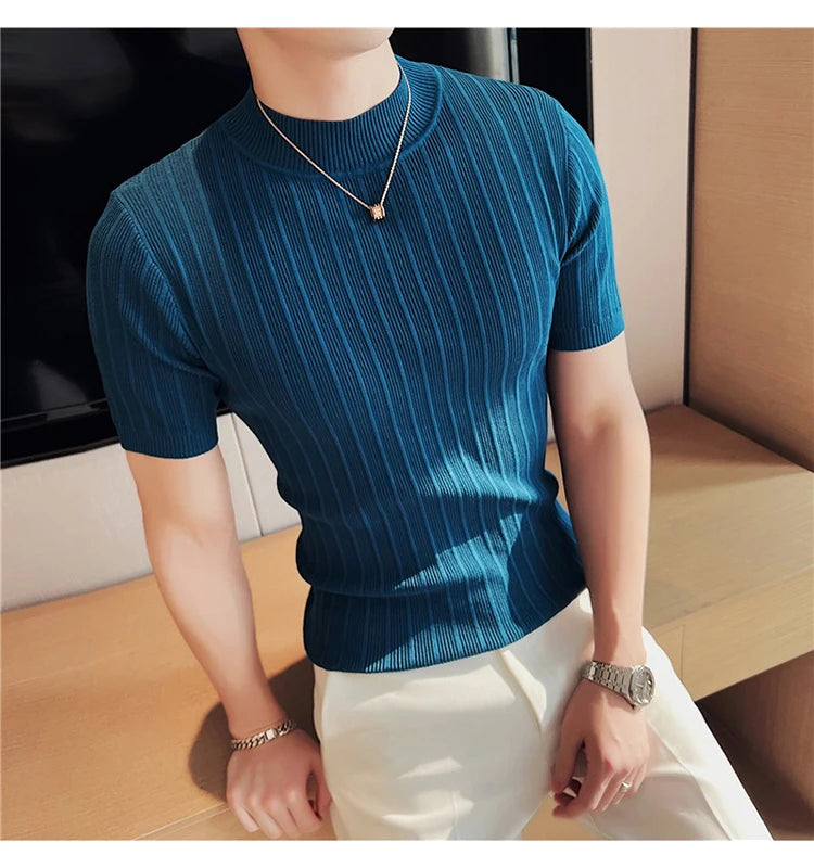 Men's High-End Casual Short Sleeve knitting Sweater/Male High collar Slim Fit Stripe Set head Knit Shirts Plus size S-4XL GONZALES ONLINE SHOP