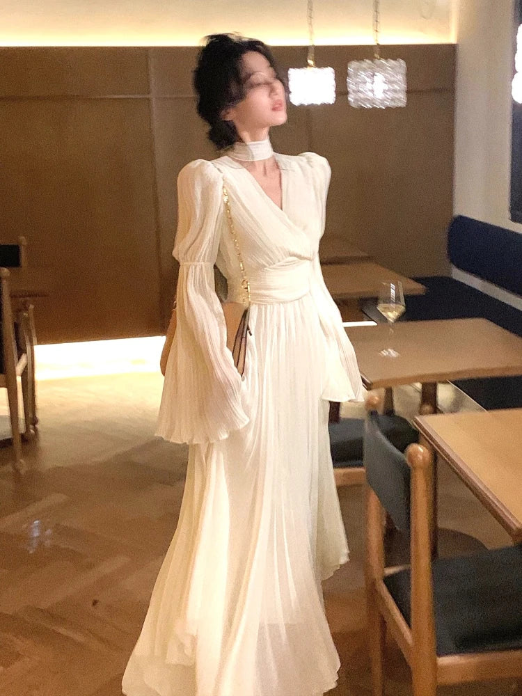 Chiffon Fairy Long Dress Women Korean Fashion Midi Dress Female Summer Elegant Irregular Ruffles V-Neck Halter High Waist Dress GONZALES ONLINE SHOP