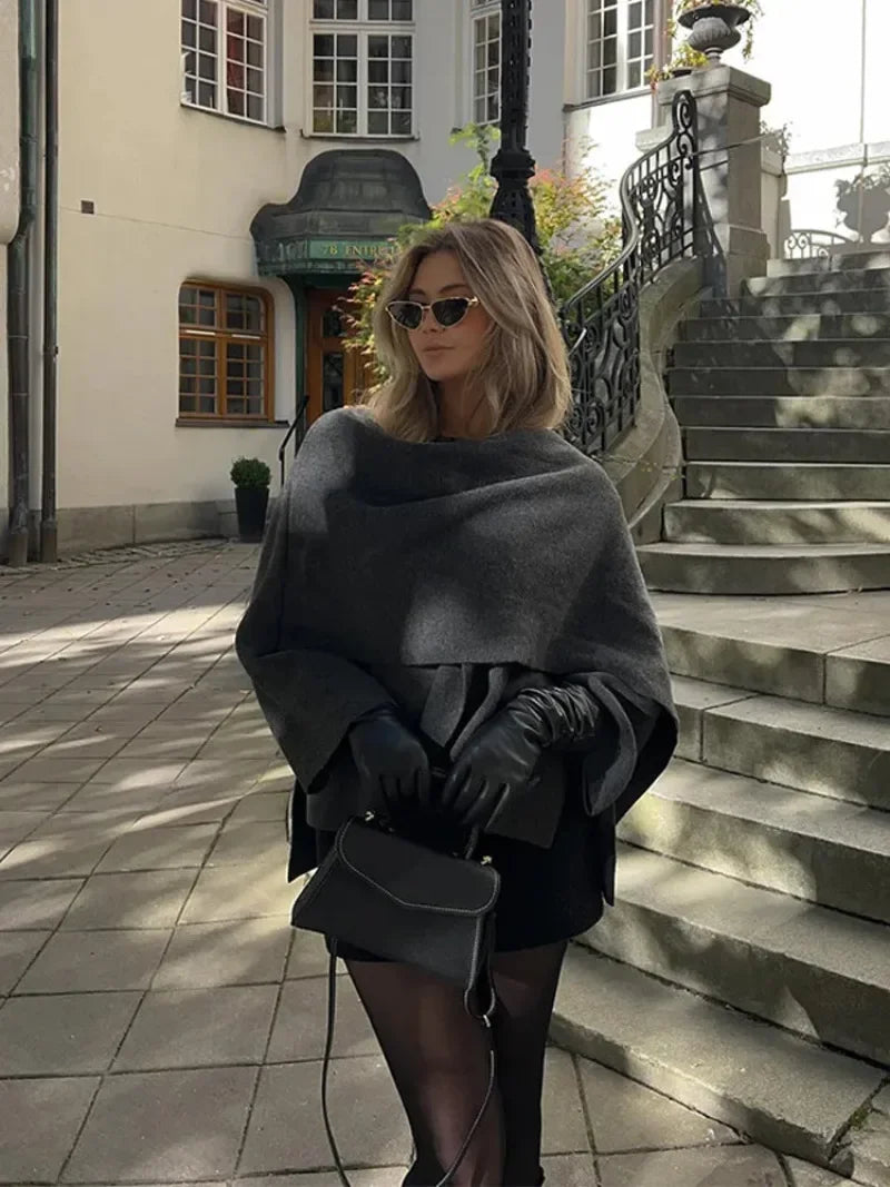 Elegant Solid Scarf Collar Irregular Split Hem Woolen Jacket Women Chic Long Sleeves Loose Warm Coat 2024 Autumn Lady Overcoat GONZALES ONLINE SHOP