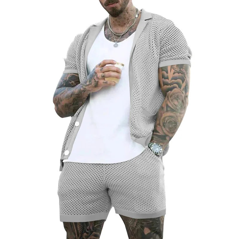 Summer New Men Shorts Mesh Hollow Out Knitted Casual Sports Lapel T-Shirt Short Sleeve Solid Beach Suit Men's 2 Pieces Set Suits GONZALES ONLINE SHOP