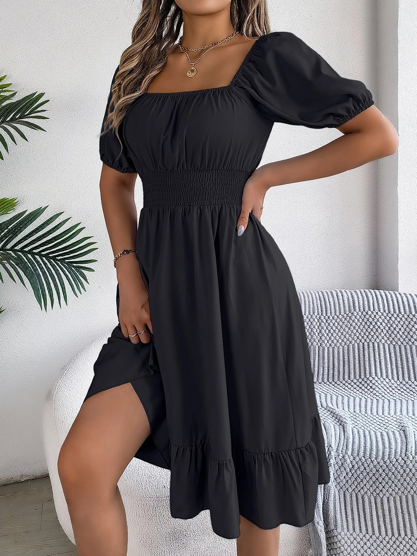 2024 New Fashion Solid Puff Sleeve Square Neck Ruched Bust Ruffle Hem Wasit Dress, Women's Clothing GONZALES ONLINE SHOP