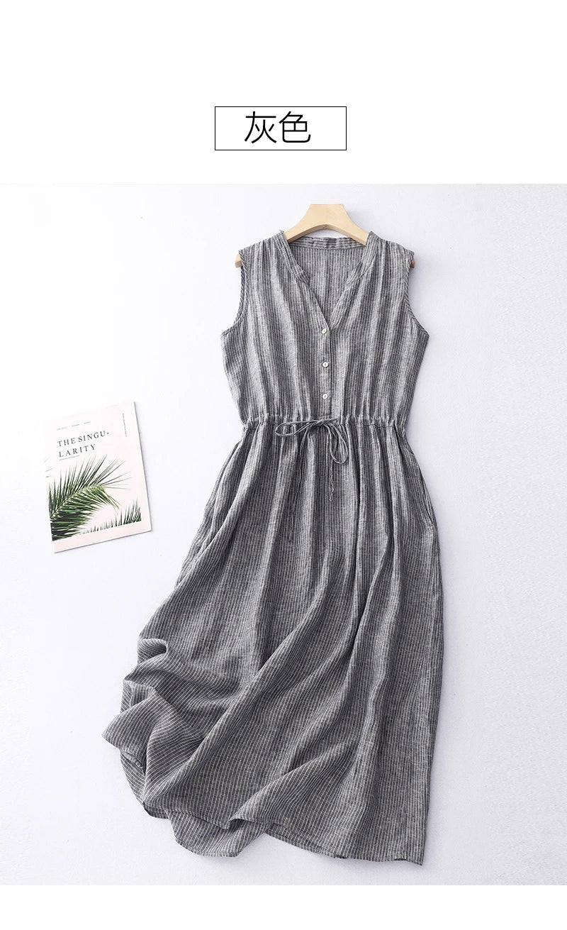 Limiguyue Cotton Linen Striped Vest Dress Summer Clothes Elastic Waist Drawstring A-Line Casual Dresses V-Neck Button Soft U397 GONZALES ONLINE SHOP