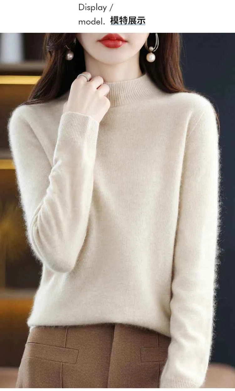 Half High Solid Color Cashmere Sweater For Women Loose Pullover Autumn and Winter Contracted Commuter Basic Knitwear Top Base