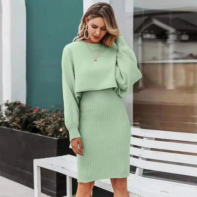 Fashion Sexy Knitted Dress Two-piece Set Women 2023 Spring Autumn New Temperament Solid Long-sleeved Sweater Women's Outtifits GONZALES ONLINE SHOP