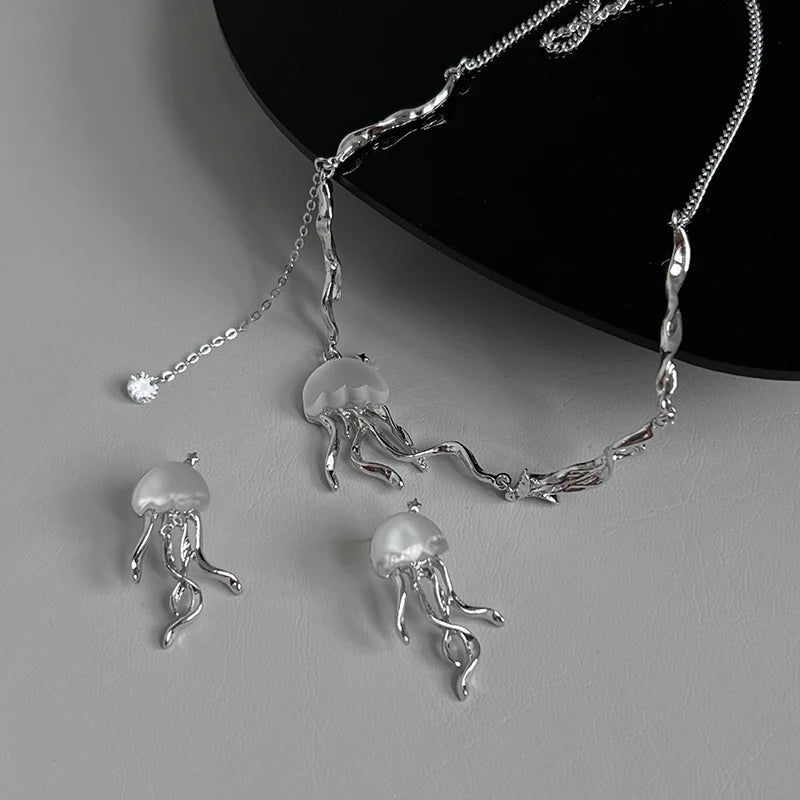 Fashion Design Floating Jellyfish Matte Crystal Earring Necklace Set Creativity Personality Female Acaleph Stud Earrings Jewelry GONZALES ONLINE SHOP