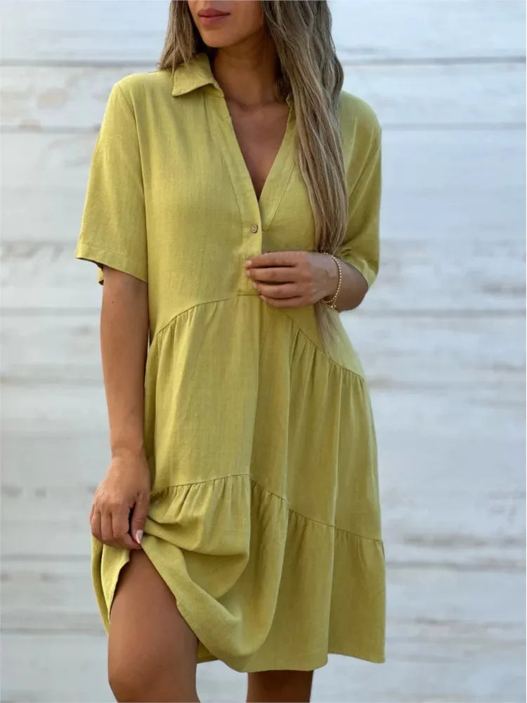 Loose Solid Casual Cotton And Linen Dress Women Summer Short Sleeve Ruffle Stitching Button Shirt Dress Women's Holiday Clothing GONZALES ONLINE SHOP
