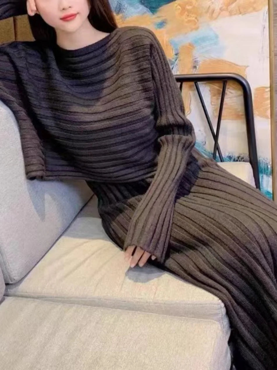 Women's Dress Sets Autumn Winter 2024 New Temperament Pullover Long Sleeve Knit Sundress Fashion Two-piece Dress Set for Women GONZALES ONLINE SHOP