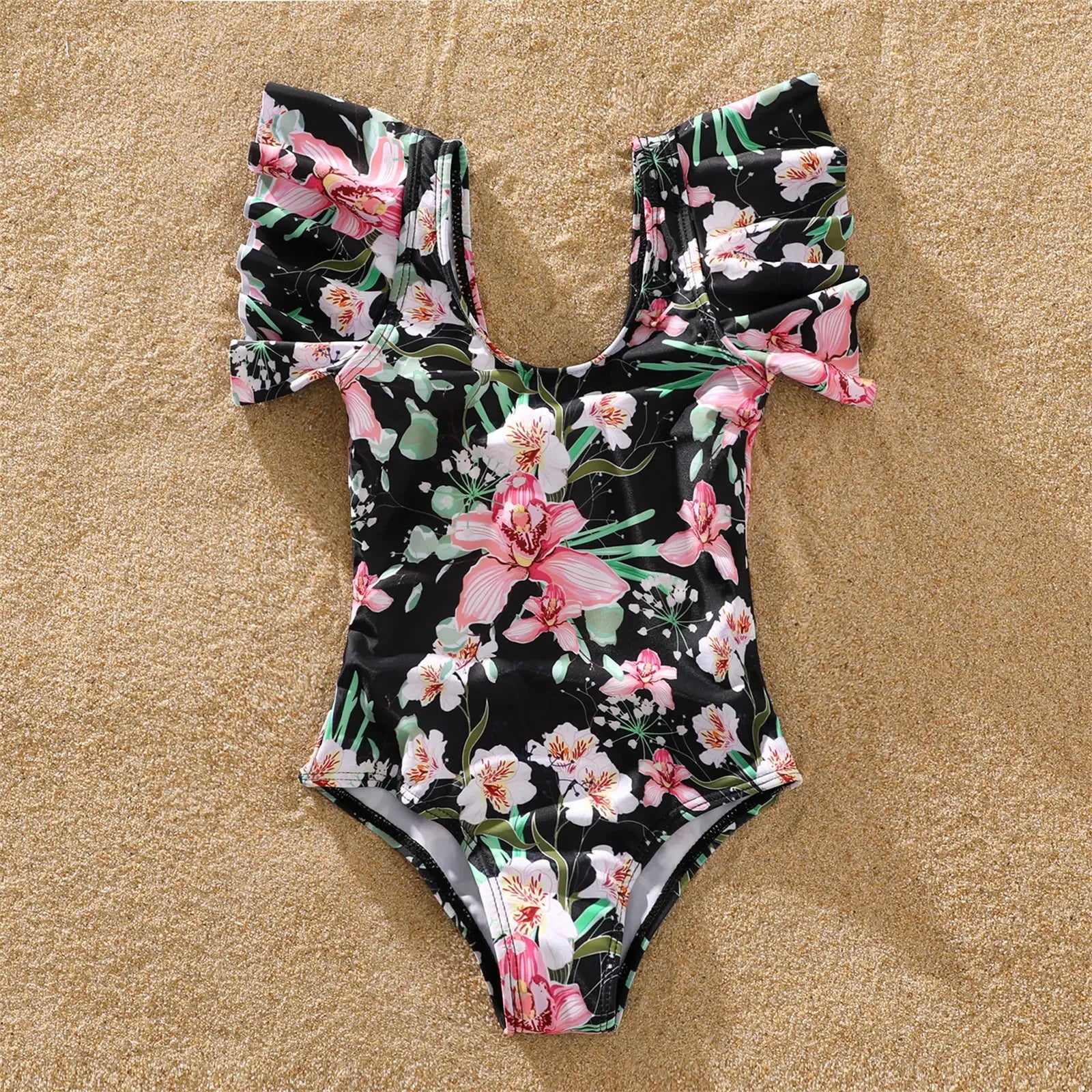 PatPat Family Matching Allover Floral Print Swim Trunks Shorts and Ruffle-sleeve Belted One-Piece Swimsuit Suitable for Summer GONZALES ONLINE SHOP