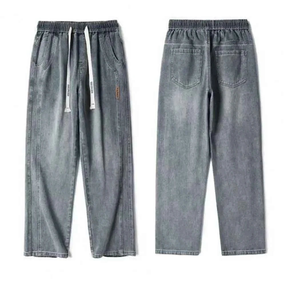 Non-deformed Men Gradient Color Jeans Versatile Men's Elastic Waist Denim Pants Adjustable Drawstring Solid Color for Casual