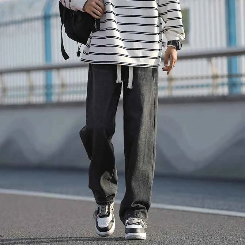 Men's summer loose straight leg pants with elastic drawstring, casual jeans, comfortable, fashionable and trendy jeans
