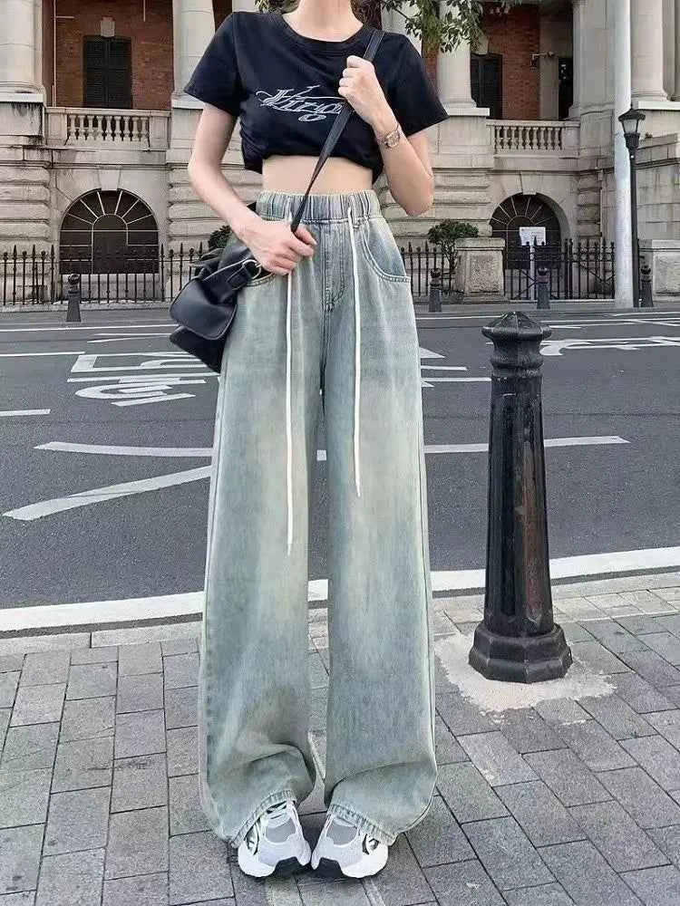 Waist Drawstring Jeans for Women in Spring Summer Korean Version Ins High Waist Slimming Student Straight Wide-leg Floor Pants