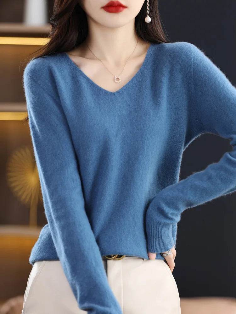 Women 100% Merino Wool Sweater V-Neck Basic Pullover Autumn Winter Cashmere Clothing Long Sleeve Soft Knitwear Tops Solid Color GONZALES ONLINE SHOP