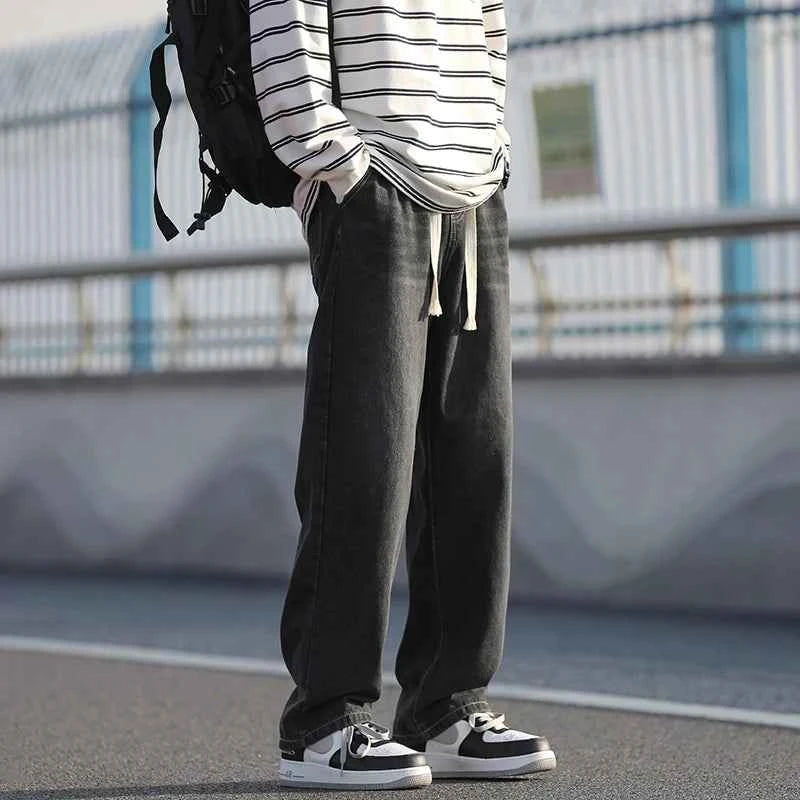 Men's summer loose straight leg pants with elastic drawstring, casual jeans, comfortable, fashionable and trendy jeans