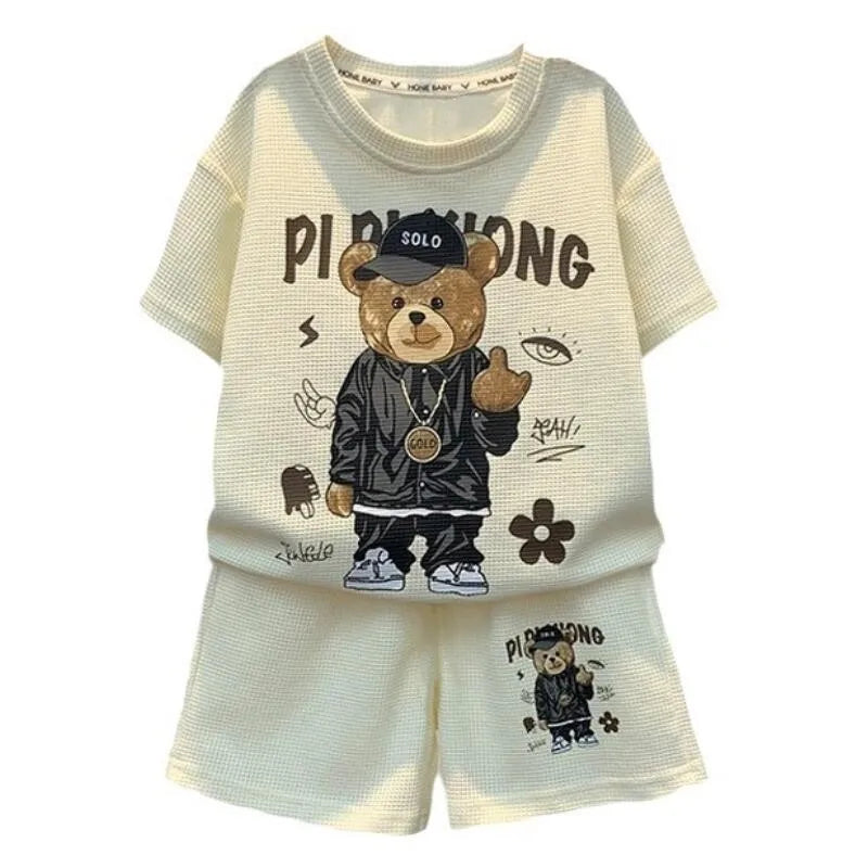 T-shirt+Shorts 2-piece Clothes Sets Kids Girls Fashion Korean Style Cartoon Bear Summer Sports Casual Outfit Suit 1-12 Year Old GONZALES ONLINE SHOP