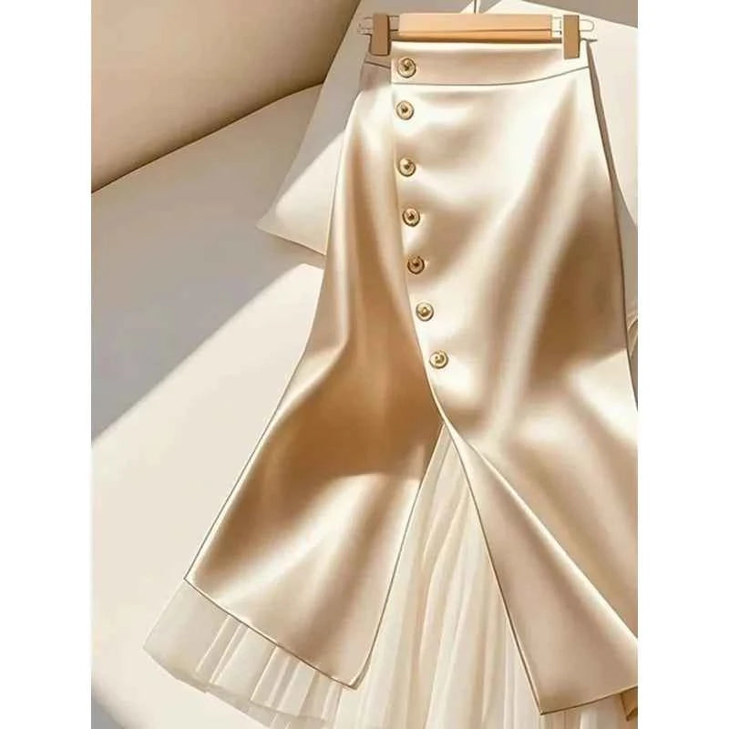 Elegant Satin Long Skirts for Women Fashion Spliced Mesh Single Breasted Slit Maxi Skirt 2025 New Commuting Lady Skirt