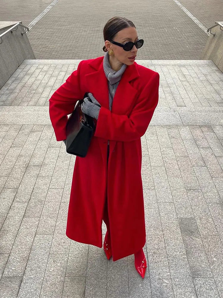 New Red Elegant Turndown Collar Women's Woolen Overcoat Vintage Full Sleeves Loose Commute Long Coat 2024 Lady Chic Fall Outwear GONZALES ONLINE SHOP