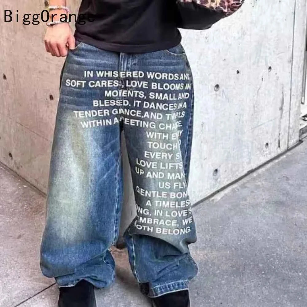 2025 American Fashion Jeans Letter Printing Pattern High Street Casual Wide Legs Y2K Men's Retro Gothic Trendy Casual Pants