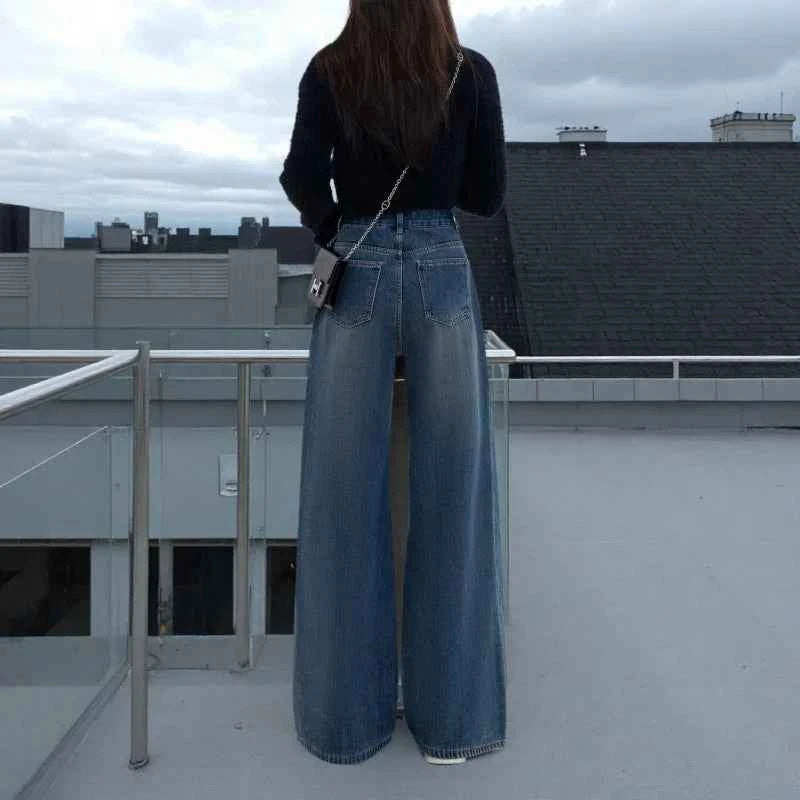 Retro Wide-leg Jeans in Spring Summer and Autumn New High-waist Loose Slim Casual and Versatile Floor Straight Trousers