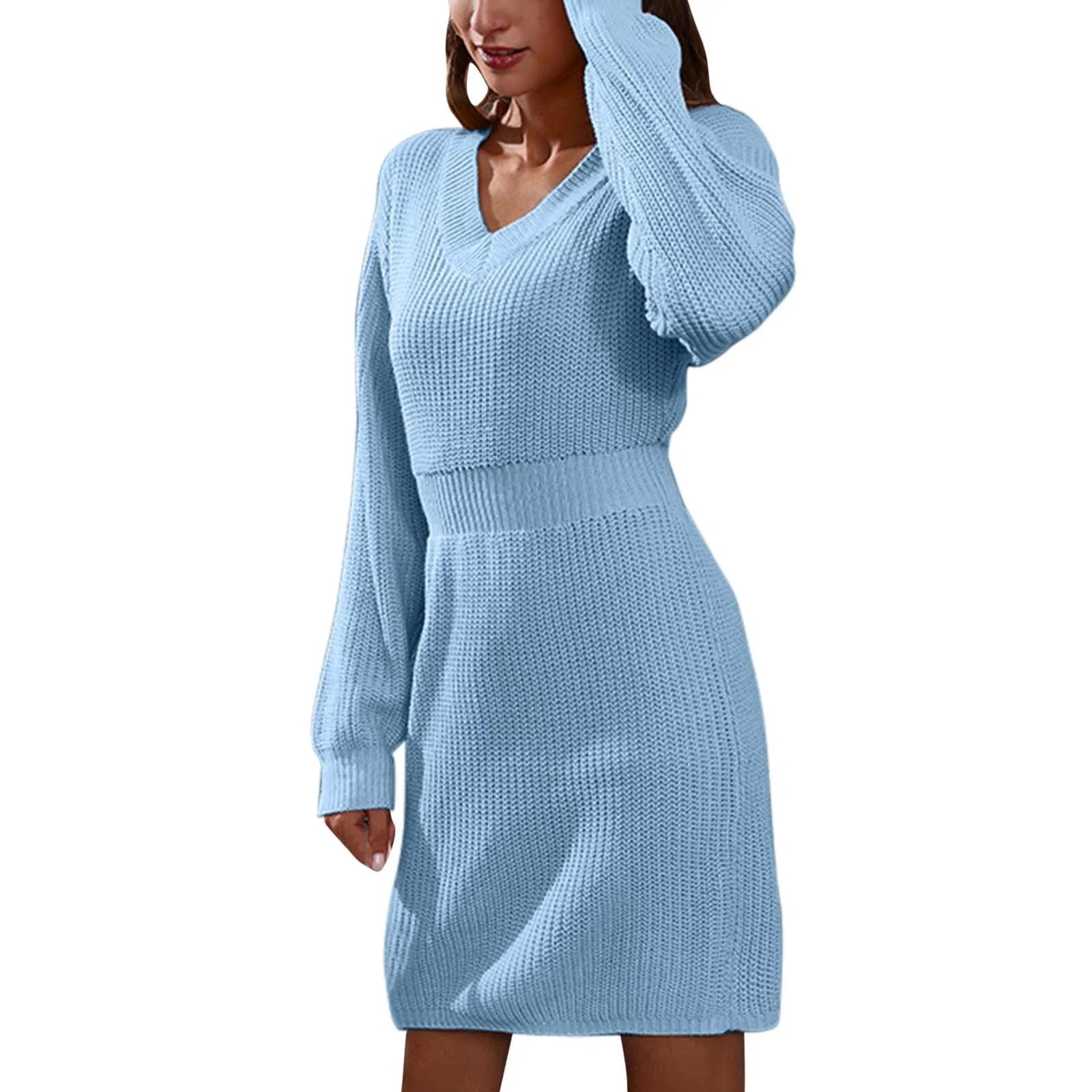 V-Neck Drop Shoulder Long-Sleeved Waisted Sweater Dress Feminine Temperament Knitted Dress Autumn and Winter New Dresses GONZALES ONLINE SHOP