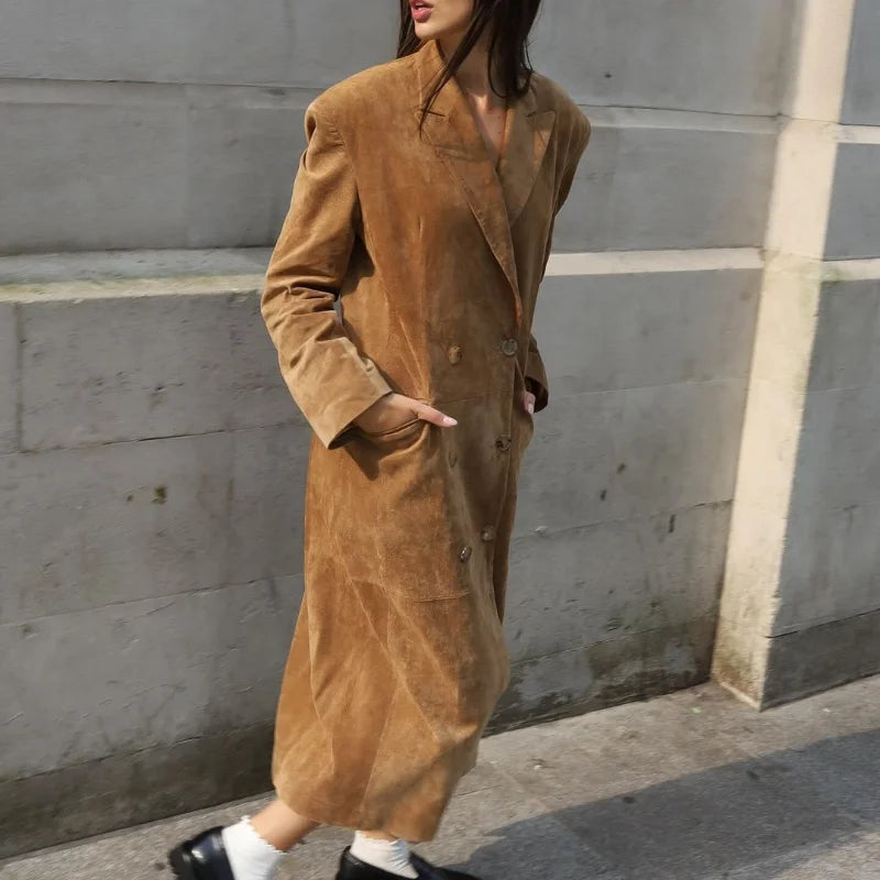 Women Fashion Double Breasted Solid Suede Overcoats Elegant Lapel Full Sleeves Pocket Long Coat Autumn Chic Lady Commute Outwear GONZALES ONLINE SHOP