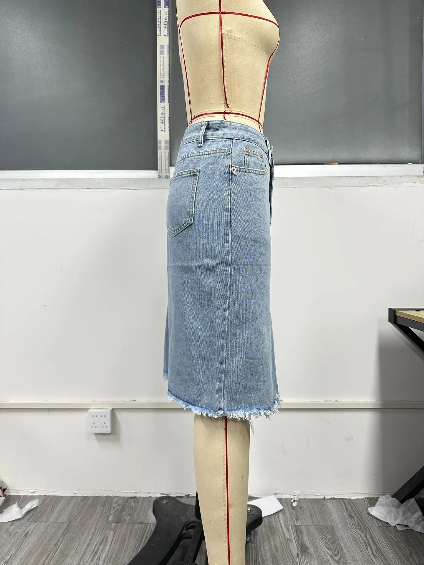 Women Slit Denim Half Skirt Hand Frayed Tassel Raw Edge Skirt Vintage Retro Korean Jean Long Office Lady Slim Fit High Waisted GONZALES ONLINE SHOP