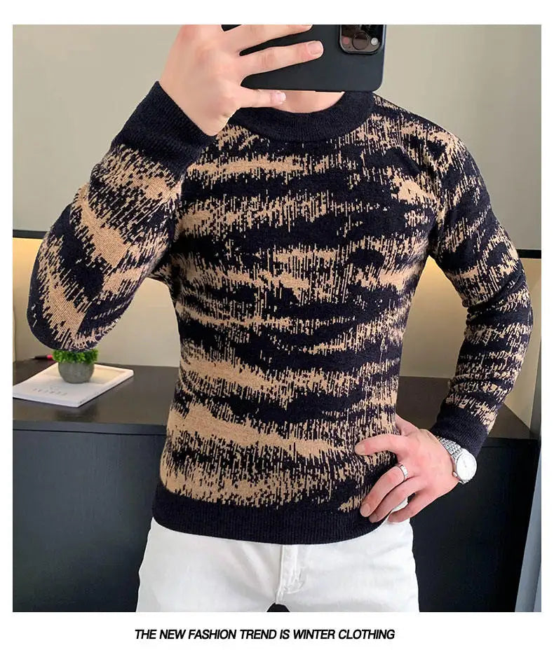 Autumn Winter Velvet Knitted Sweater Men Long Sleeve Casual Business Sweaters Comfortable Warm Versatile Social Pullover Tops GONZALES ONLINE SHOP