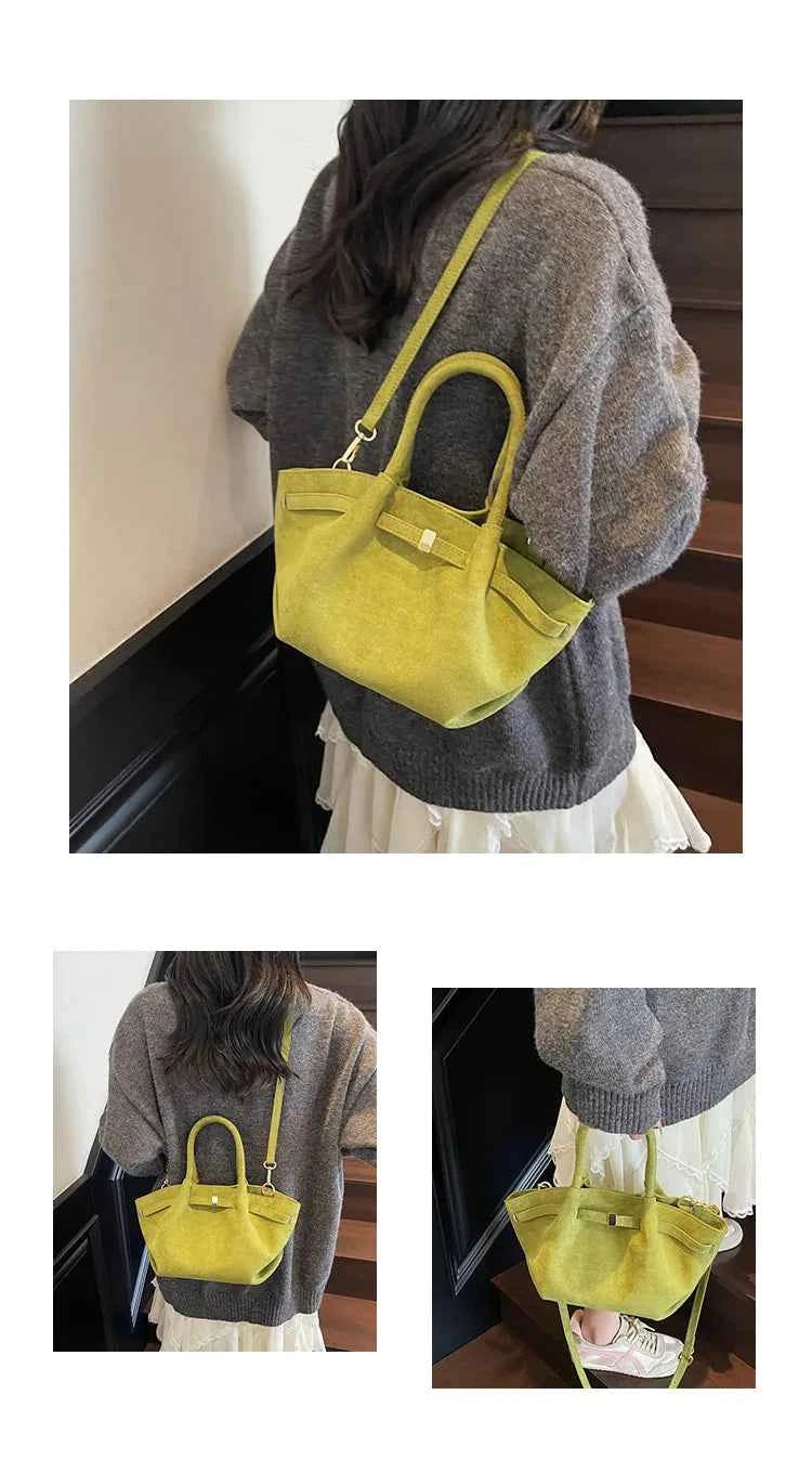 Matte Leather Suede Tote Handbags for Women Large Capacity Retro Shoulder Bag Fall Winter Belt Design Female Crossbody Bags
